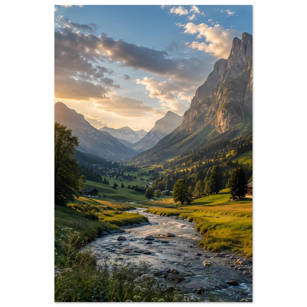Vertikales Poster: Sonnenlicht über Alpen, steiniger Bach, bewaldete Hänge und Tal