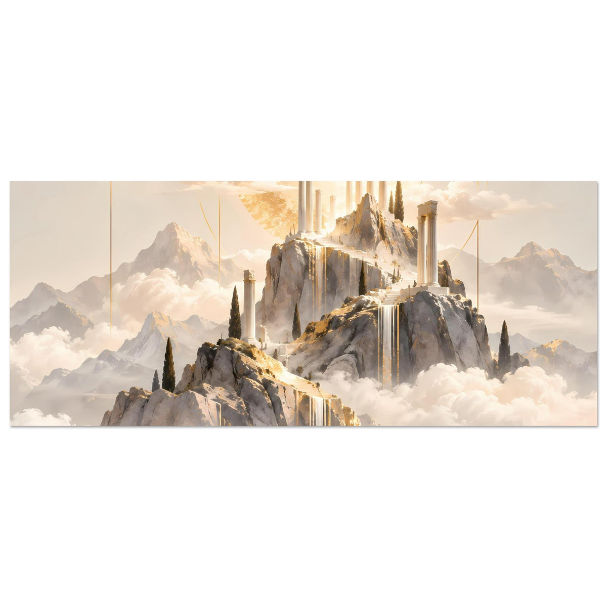 Horizontales Poster mit goldenem Tempel über Berglandschaft, Wasserfällen und Wolkenhorizont