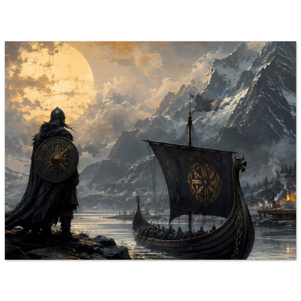 Wikinger-Poster mit Drachenboot, Schildträger und hohen nordischen Bergen bei hellem Mond
