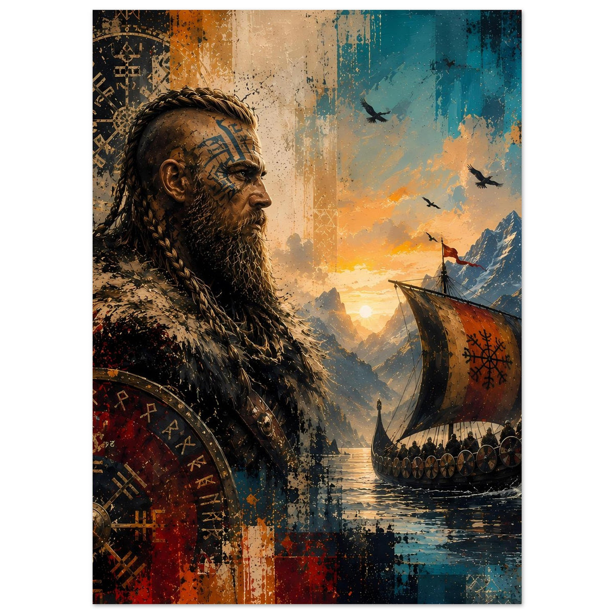 Saga-Poster: Bartgesicht links, Langschiff mit Segel und Runen, Vögel über dem Meer