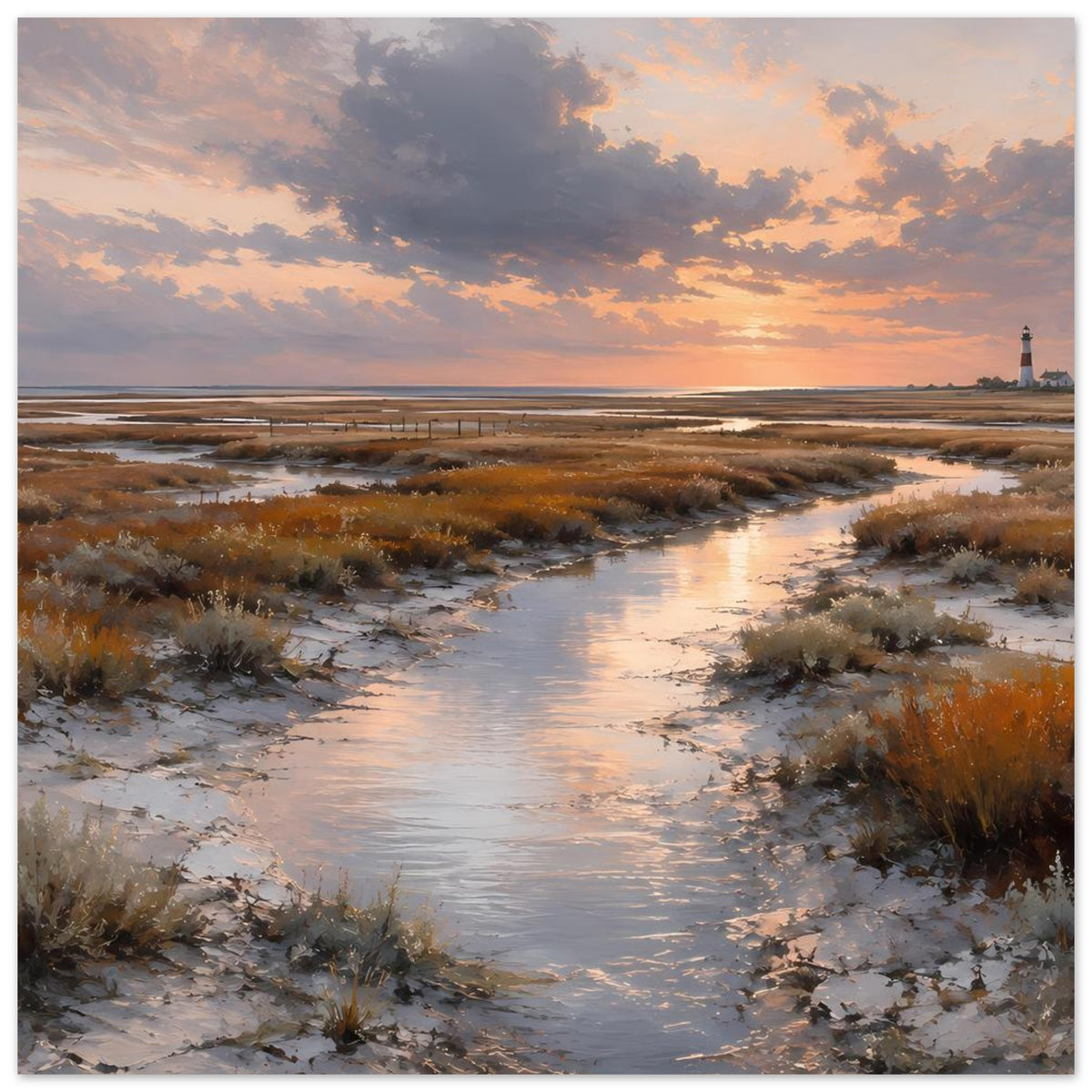 Poster im Querformat: Wasserlauf zwischen Dünen, Leuchtturm in der Ferne bei Sonnenuntergang
