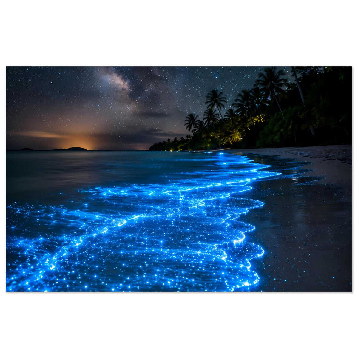 Leuchtendes Strandposter, verkürzte Ansicht: blauer Biolumineszenz-Schimmer bis zum Ufer