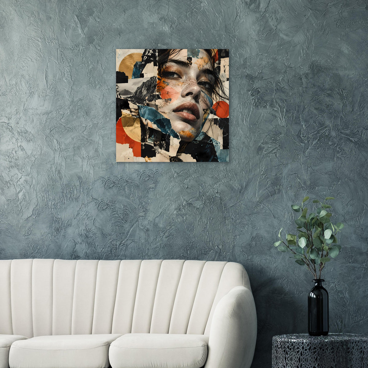 Gerahmtes quadratisches Poster mit abstraktem Porträt-Collage in Terrakotta- und Blautönen