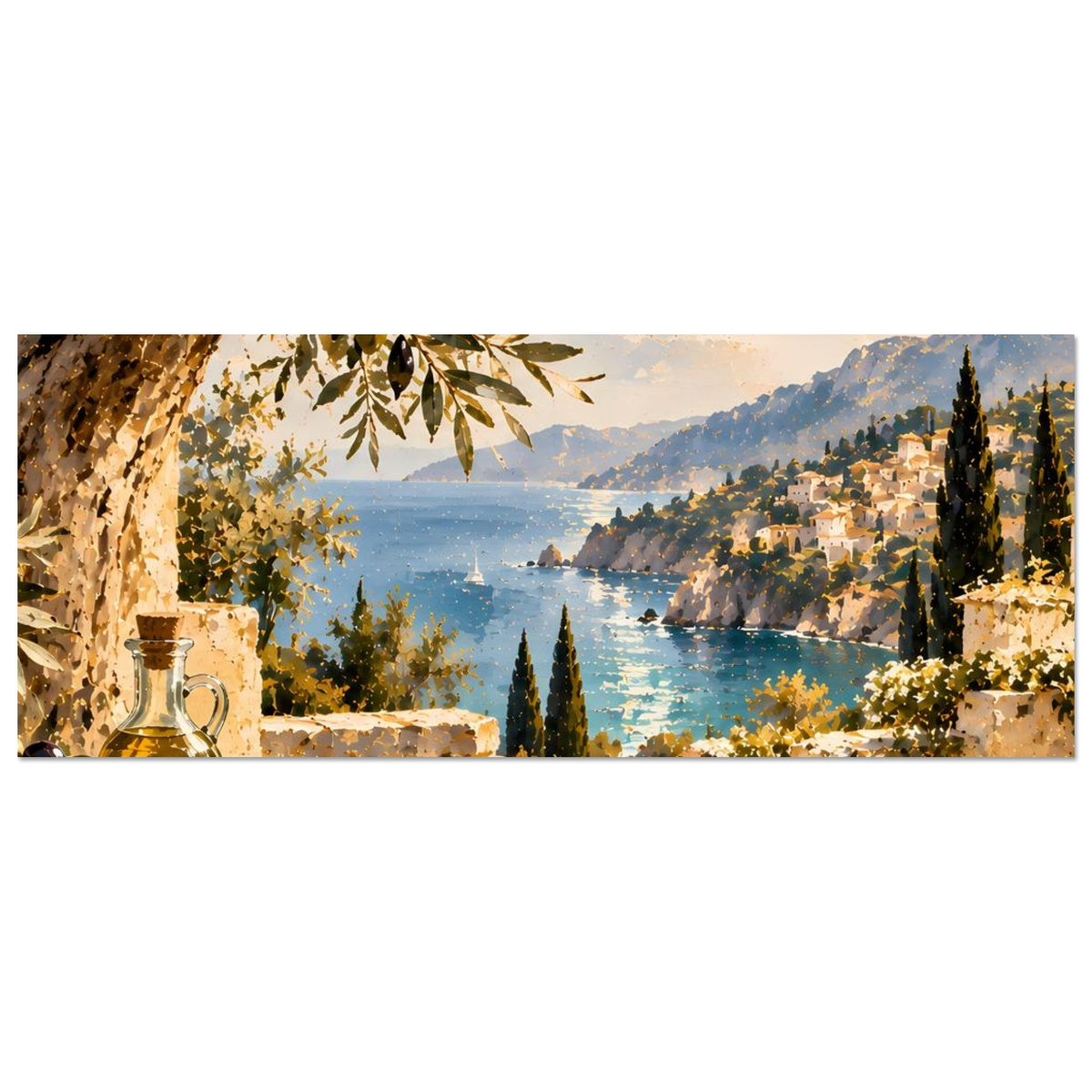 Horizontales Poster: Küste mit türkisfarbenem Meer, Ortsteil am Hang und Glasflasche links