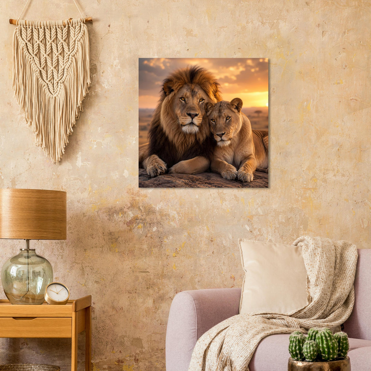 Poster mit zwei Löwen auf Felsen bei goldenem Sonnenuntergang, im Rahmen