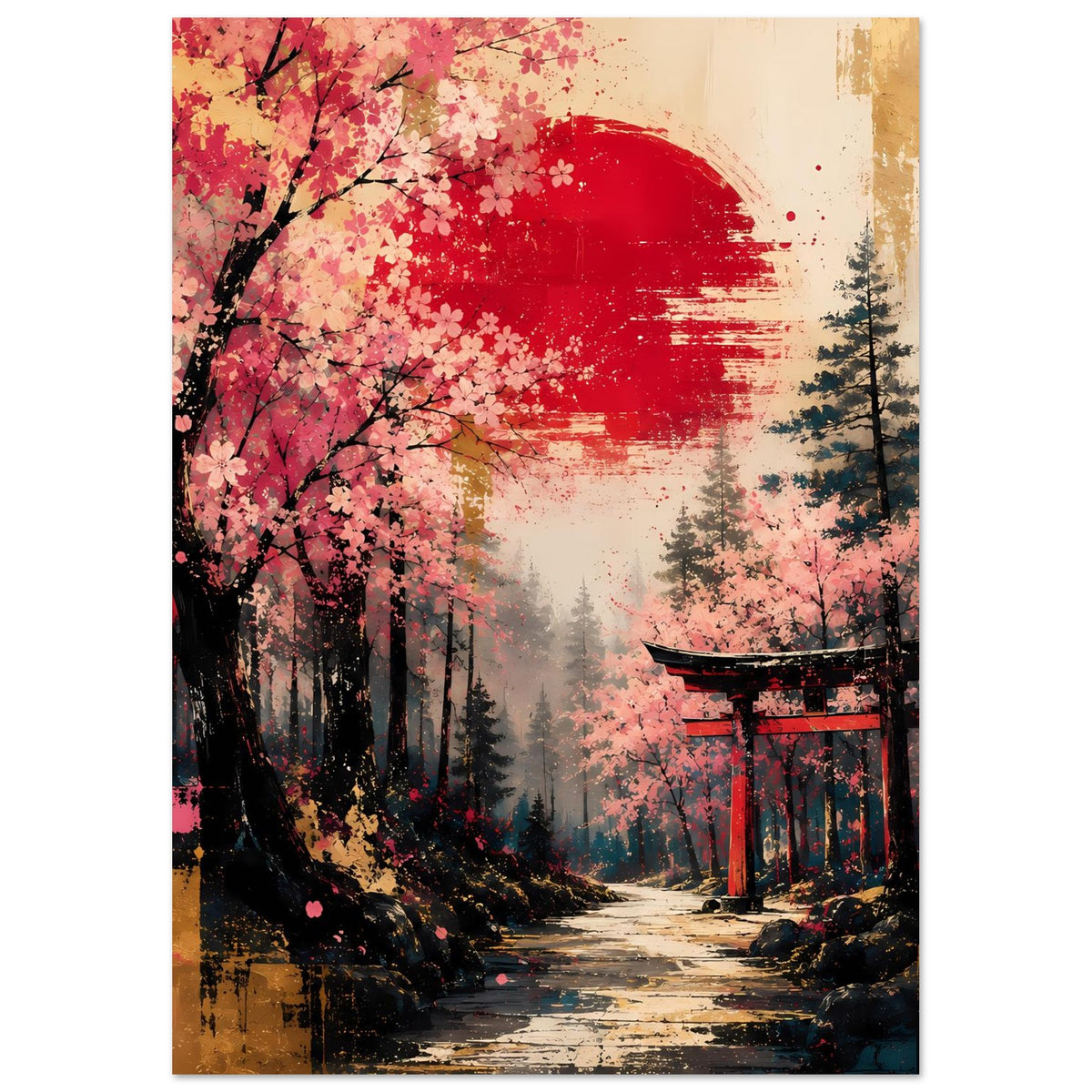 Hochformat-Poster mit Kirschblüten, Nebelwald und Torii am unteren rechten Bildrand