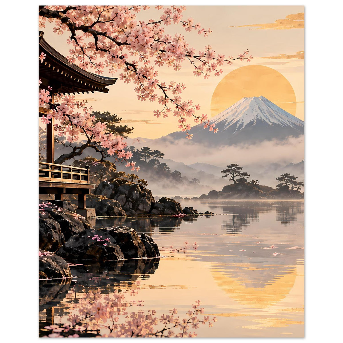 Hochformat-Poster mit Kirschblüten, Pagode, Berg, Nebel und goldenem Mond