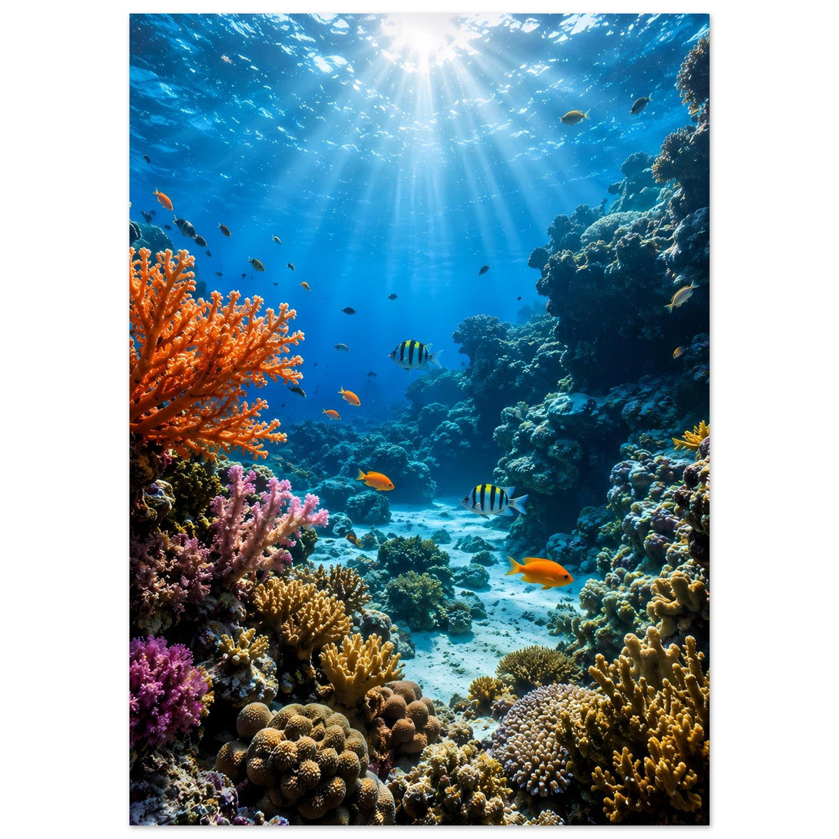 Unterwasser-Poster mit Korallenriffen, Fischen und Strahlenlicht; türkisblaues Wasser