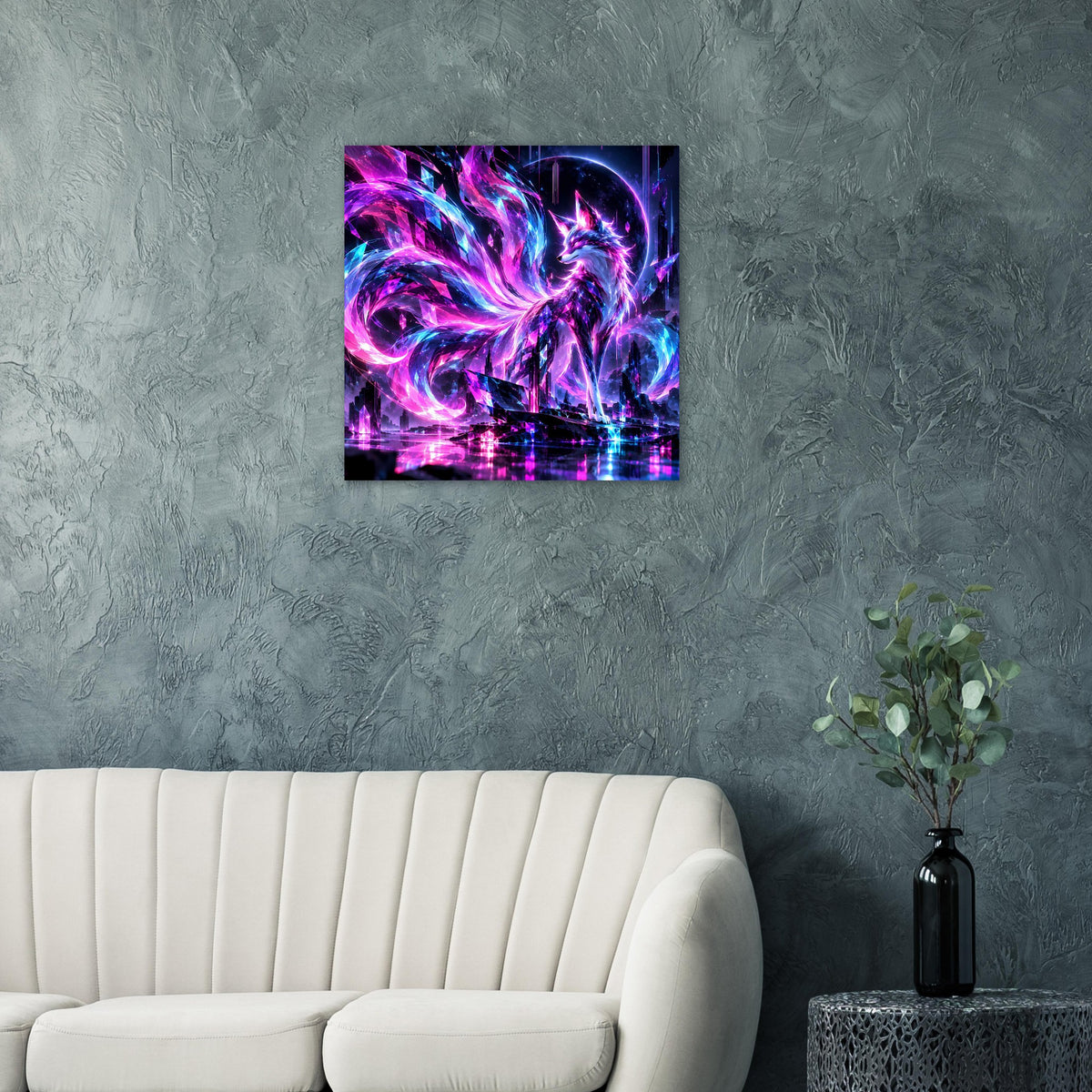 Quadratisches Fantasy-Poster mit Neon-Fuchs, violetten und blauen Leuchtbögen im Wirbel