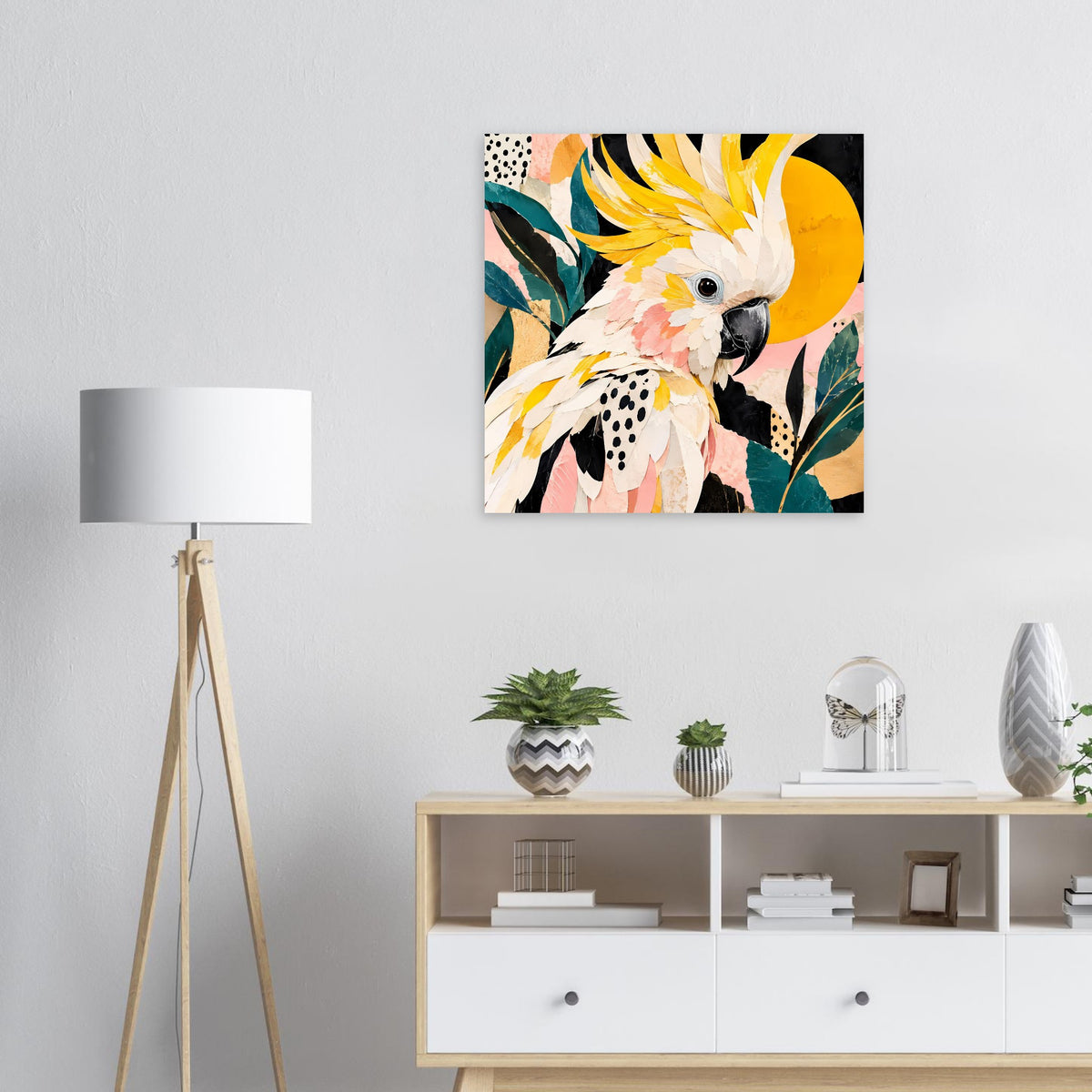 Tropisches Vogelkunst-Poster mit Kakadu in Gelb, Rosé und Petrol