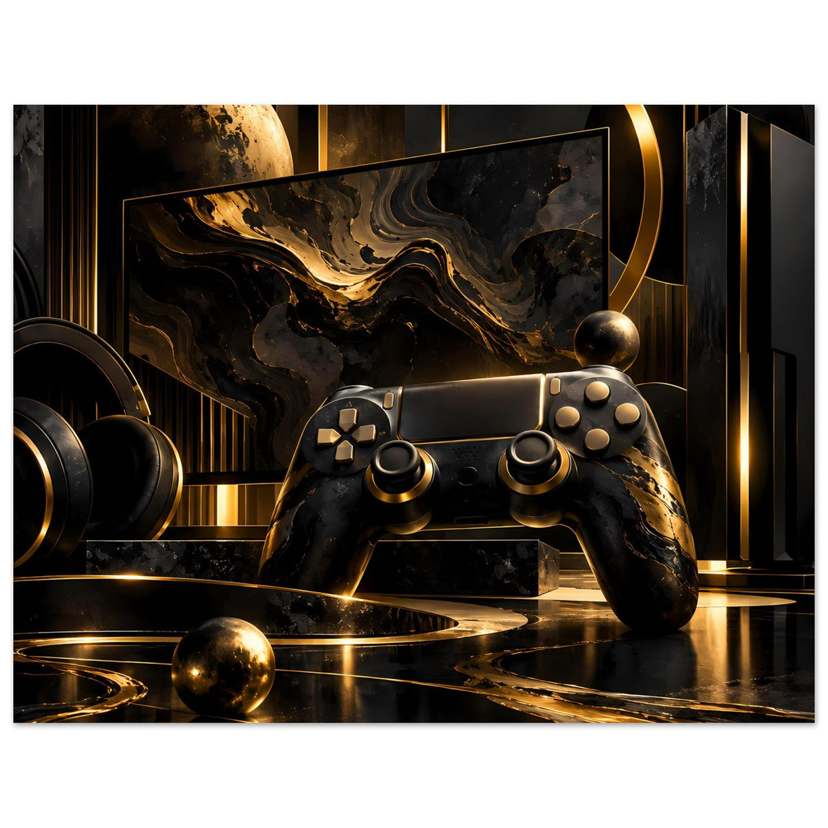 Gamingposter: Gamecontroller in Schwarz & Gold, goldene Akzente mit Planet und Kugeln