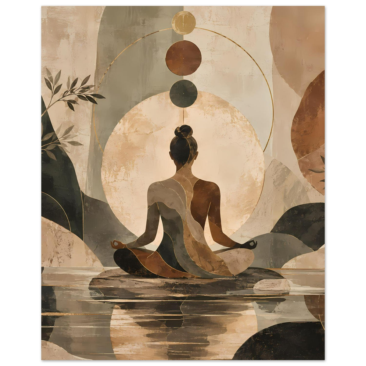 Meditatives Abstract-Poster: sitzende Figur vor hellem Kreis, Erdtöne und Linienbögen