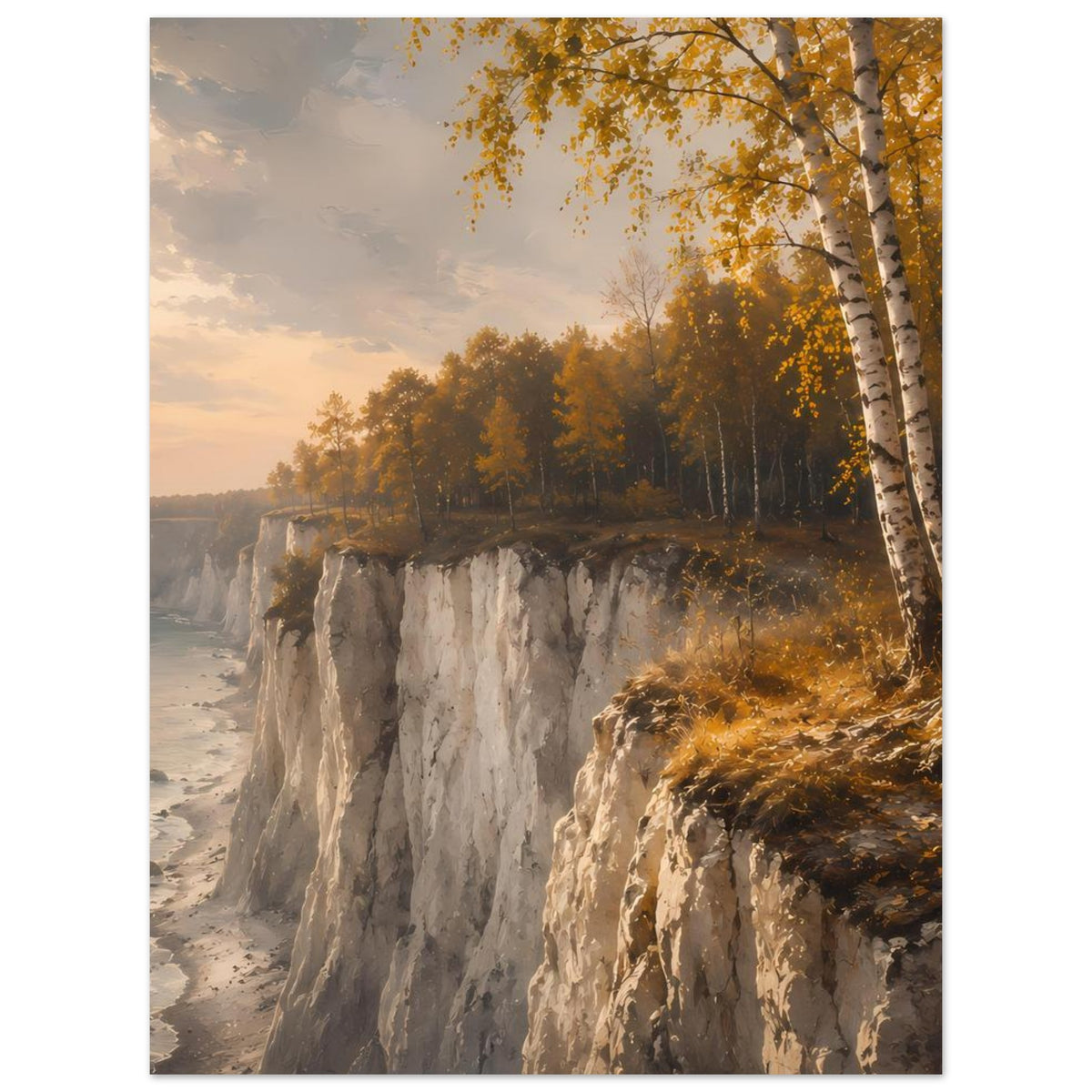 Matte Poster mit herbstlicher Küstenlandschaft, Kreidefelsen und Birken am Rand