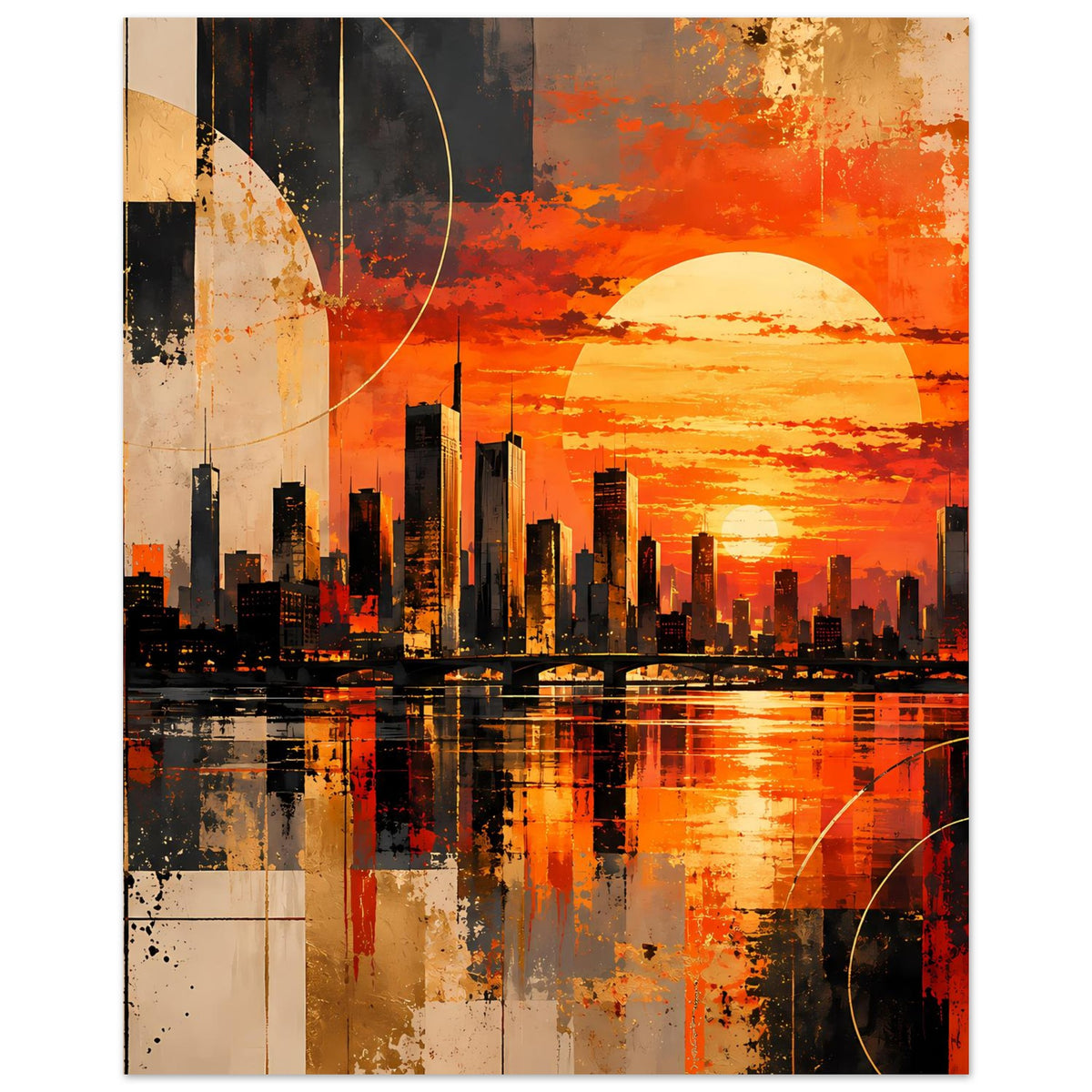 Poster mit Stadtsilhouette, orangefarbenem Sonnenuntergang, großer Sonne, Akzentkreisen und Farbspritzern