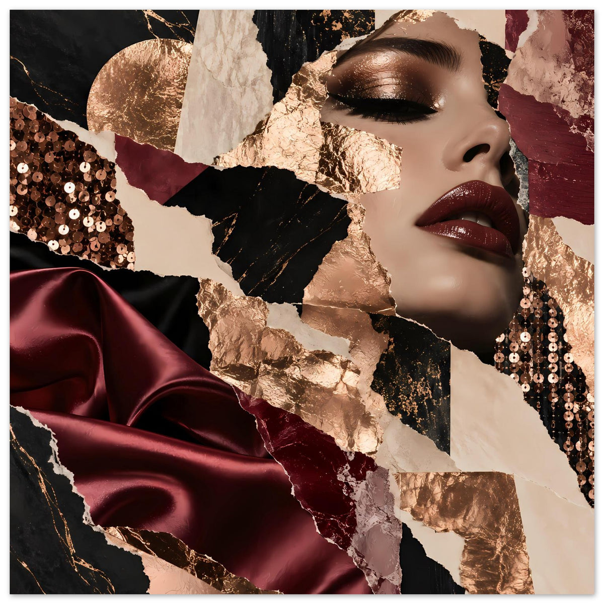Fashion-Collage-Poster mit Frau-Porträt, Bordeaux-Satin, goldenen Folien und Pailletten