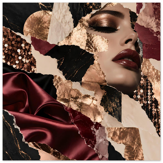 Fashion-Collage-Poster mit Frau-Porträt, Bordeaux-Satin, goldenen Folien und Pailletten