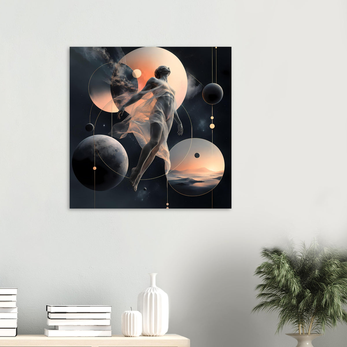 Abstraktes Poster, klein: schwebende Figur vor Planeten und Kreisbahnen in Blau und Orange