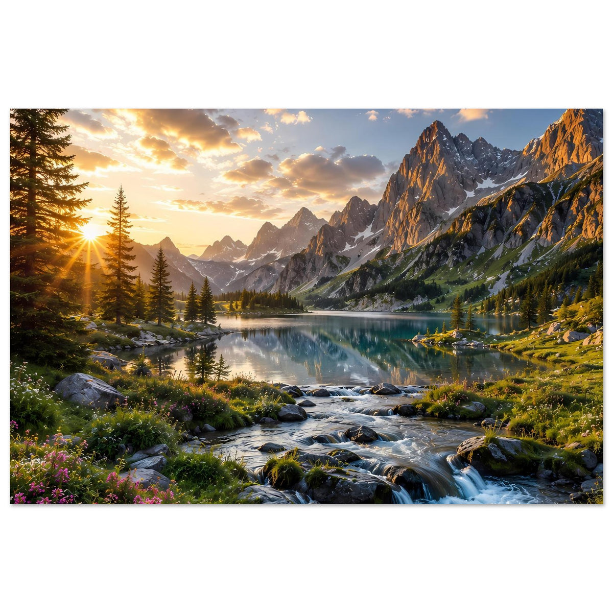 Landschaftsposter mit Sonnenaufgang, Bach über Felsen, Spiegelung im See und Berggipfeln