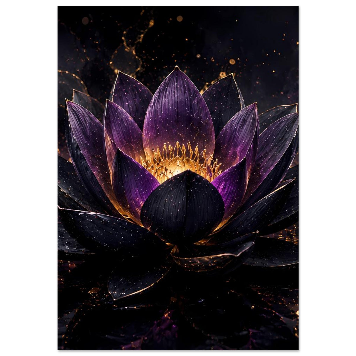 Lotusblüten-Poster mit zentraler Lotusblüte in Violett und goldenem Blütenstaub