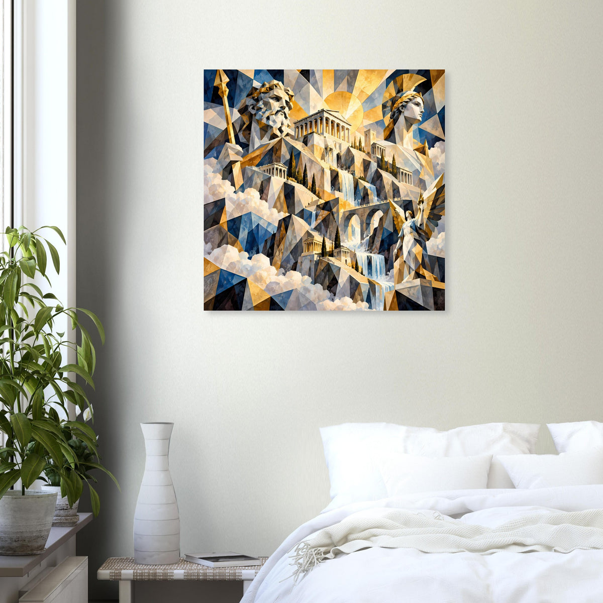 Quadratisches Poster mit geometrischem Mosaikmotiv, goldene Lichtstrahlen und Figuren