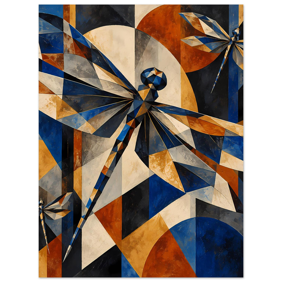 Kunstposter mit geometrischer Libelle: spiralförmige Segmente in Blau, Kupfer und Beige