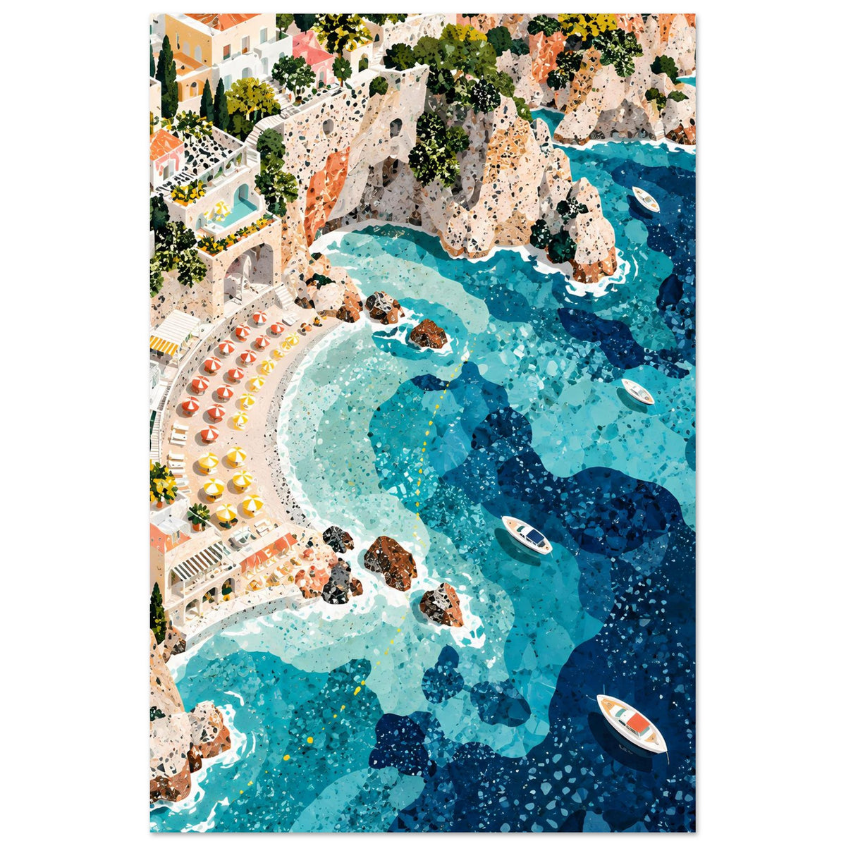 Mediterrane Küstenlandschaft mit Villen, sonnigen Felsklippen und türkisblauem Meer in Mosaikoptik – Posteransicht 11