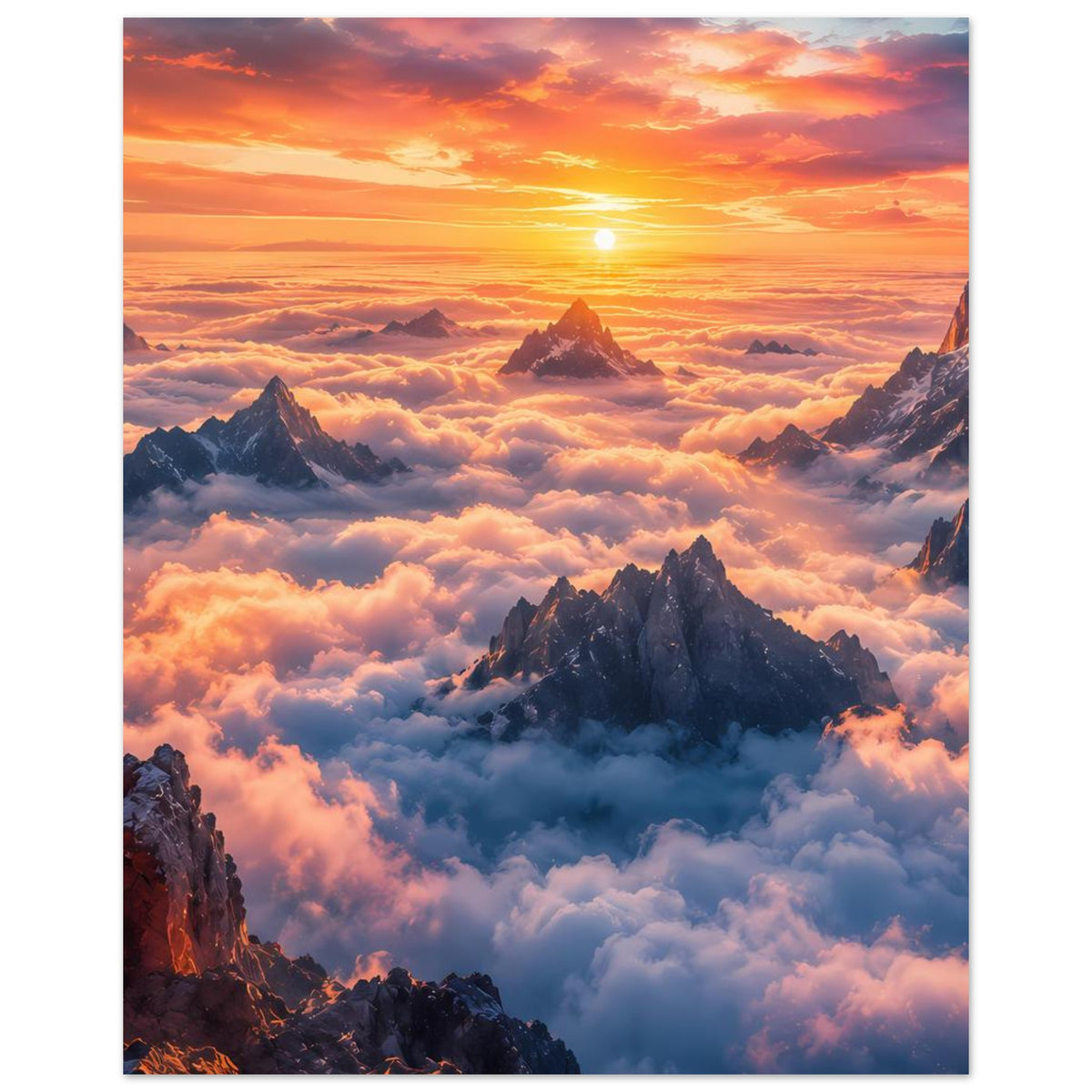 Vertikales Poster mit Bergen, leuchtender Sonne und orangefarbenem Himmel über Wolken