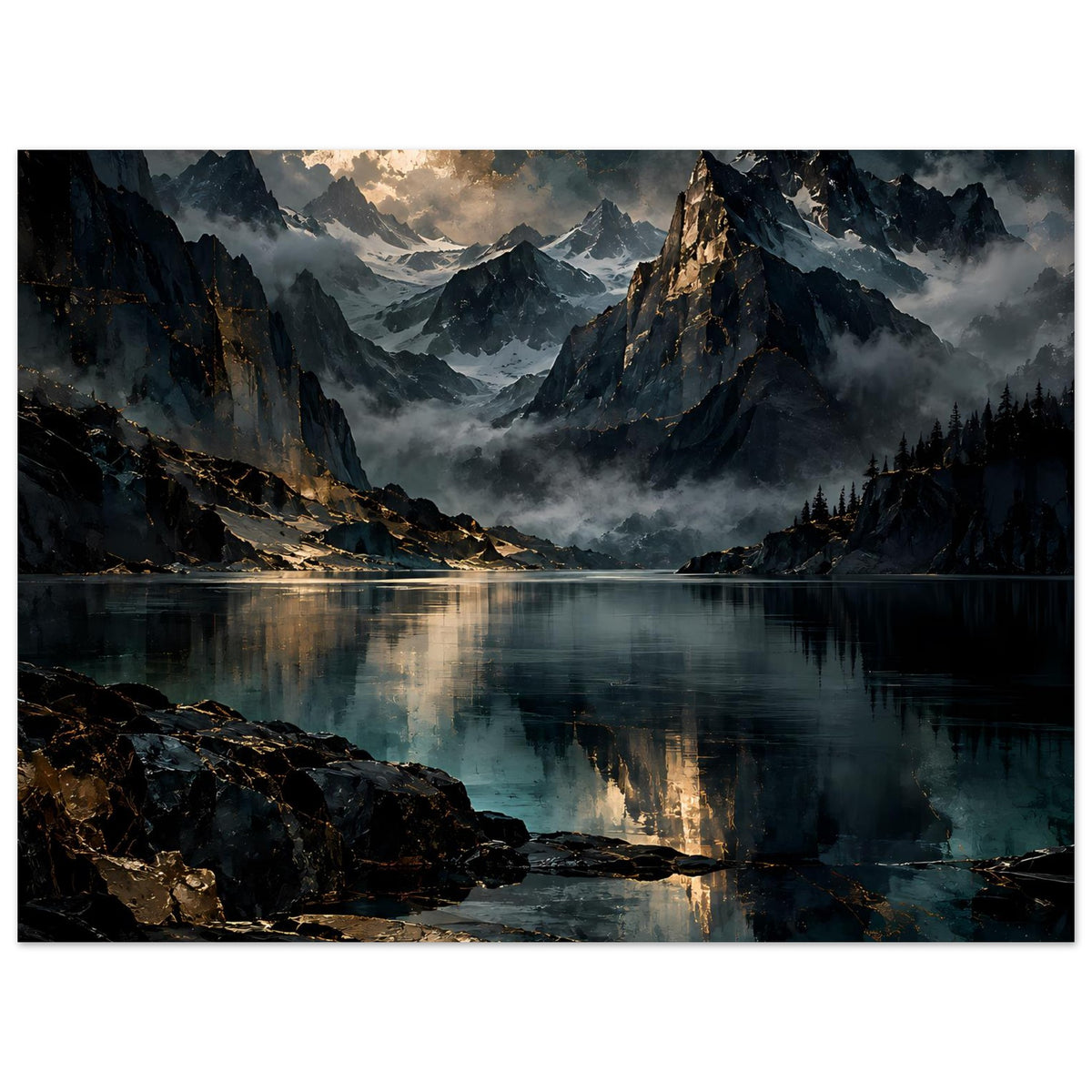 Poster mit Berglandschaft im Dämmerlicht und See, horizontales Motiv