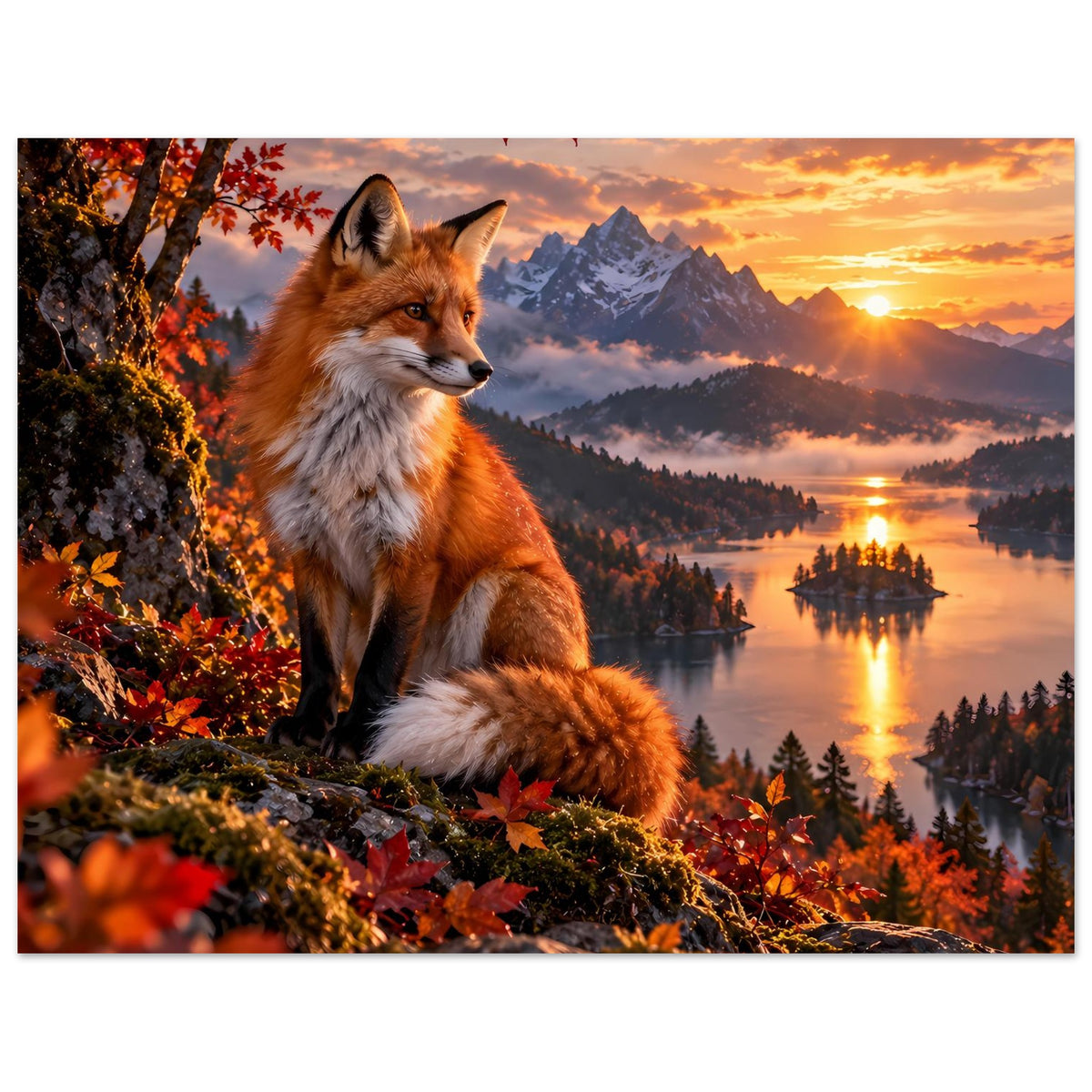 Naturposter mit Rotfuchs, Herbstlaub, See und Berge, die Sonne spiegelt sich im Wasser