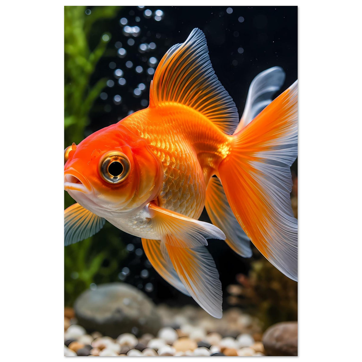 Goldfisch-Porträt als Poster auf mattem Papier, orangefarbener Fisch mit weißen Flossen