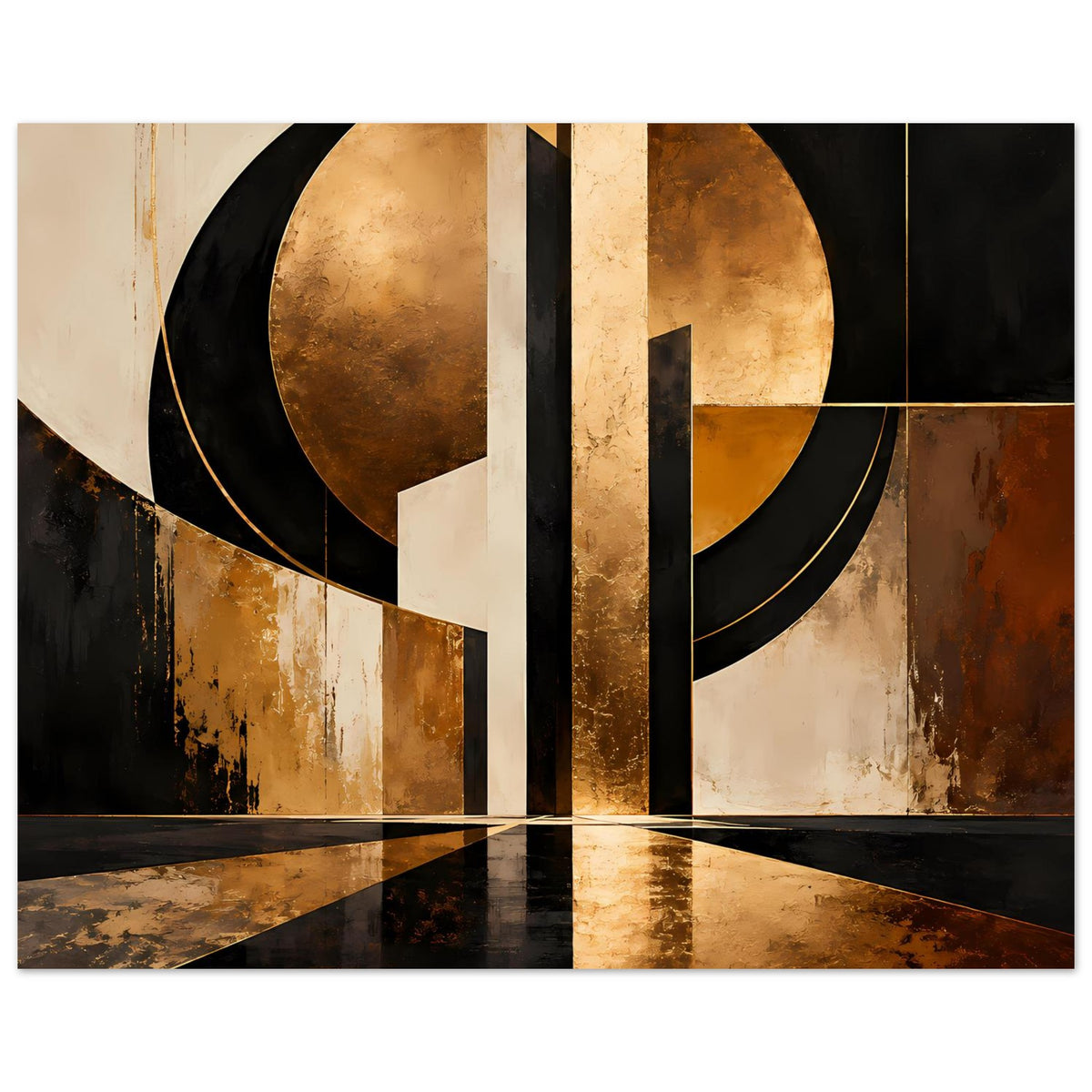 Abstraktes Gold-Schwarz-Artposter, zentrierte Säule, runder Kreis, breite dunkle Linien