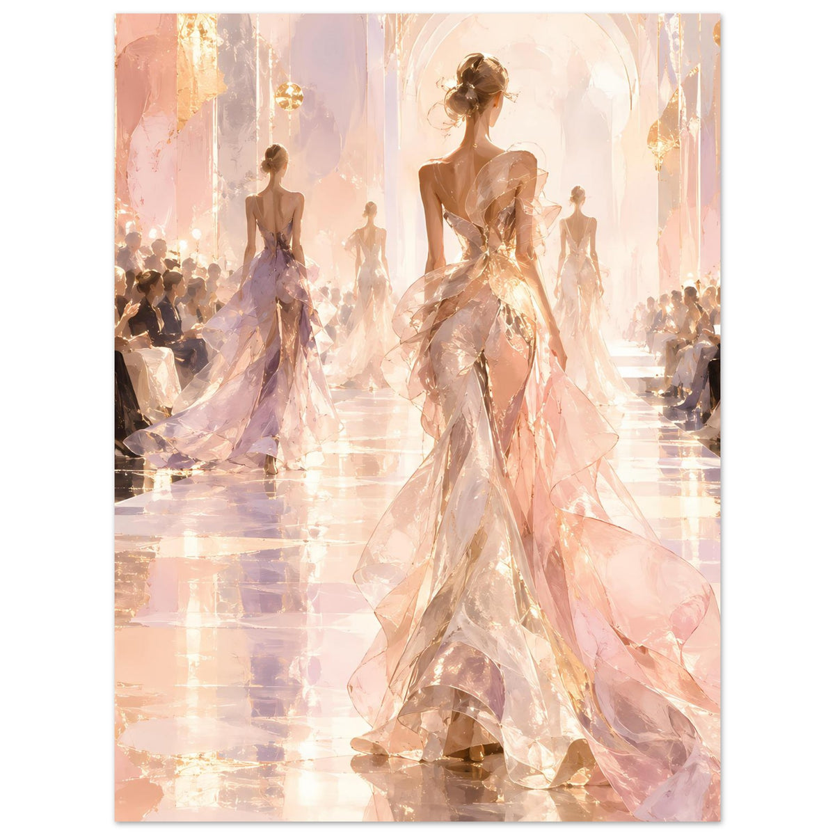 Mode-Runway-Poster mit eleganter Laufstegszene und fließenden Kleidern