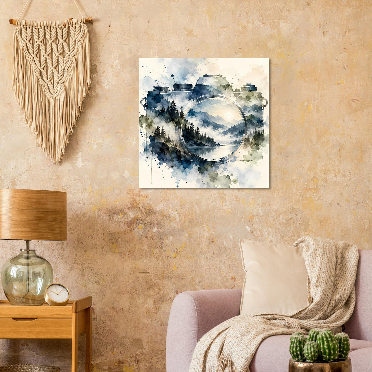 Aquarell-Poster mit blauem Wald und Mond im Kreis, Spritztechnik, quadratisch