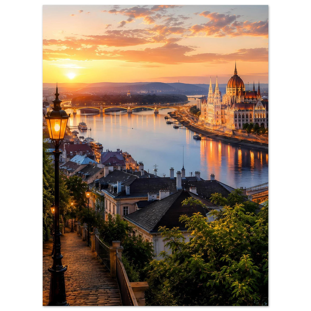 Cityscape-Poster im Hochformat mit Sonnenuntergang über Fluss, grüne Büsche und Stadtlichter