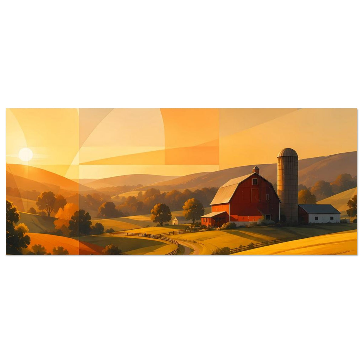 Quer-Poster mit roter Scheune, Siloturm und goldenen Feldern, abstrahierte geometrische Flächen