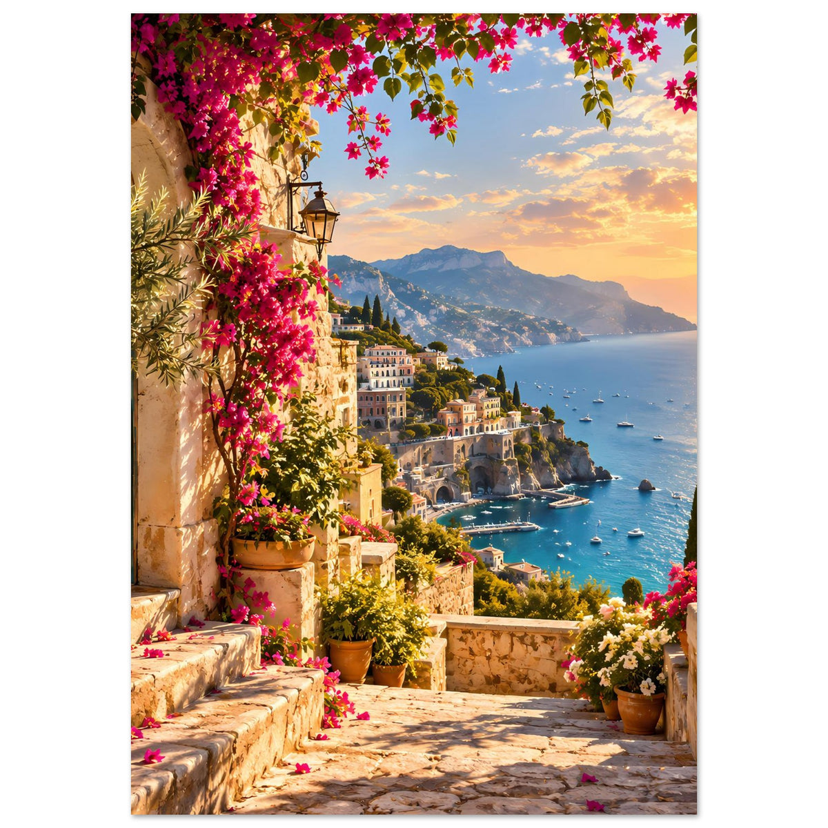 Hochformat-Poster mit Küstenlinie, bunten Blüten am Geländer und Sonnenuntergang über dem Meer
