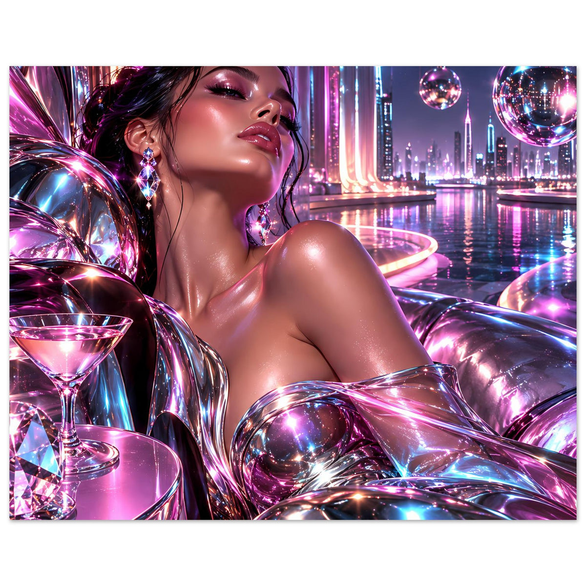 Neon-Glamour-Poster: Frau im metallisch glitzernden Look, schillernde Bubbles und Skyline