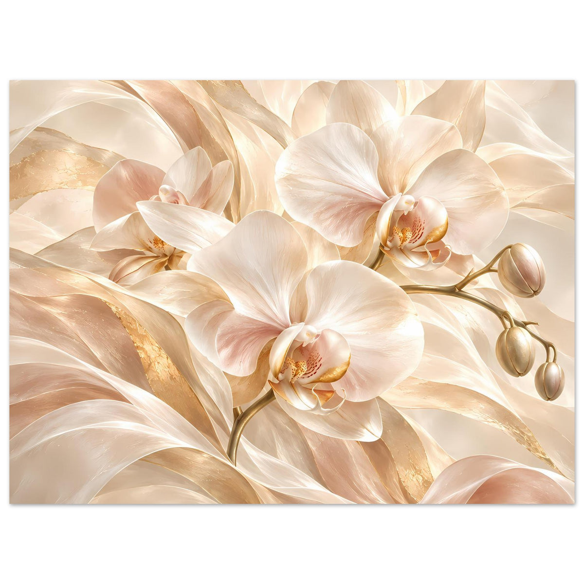 Orchideenposter im Querformat: weiße Orchideen, goldene Wirbel, cremefarbener Hintergrund
