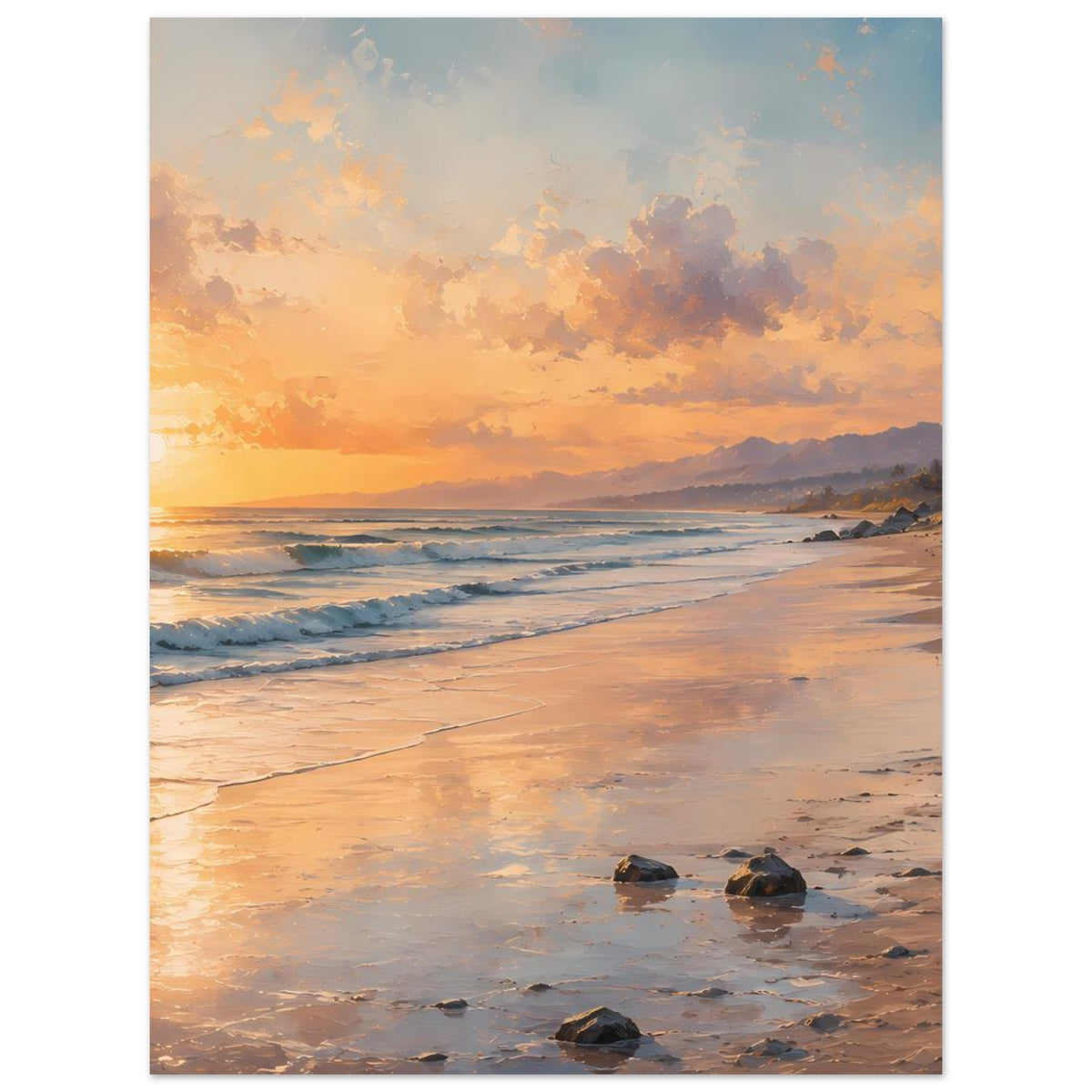 Strandposter auf mattem Papier, vertikal: goldene Sonnenuntergangsszene mit Wellen und Steinen.