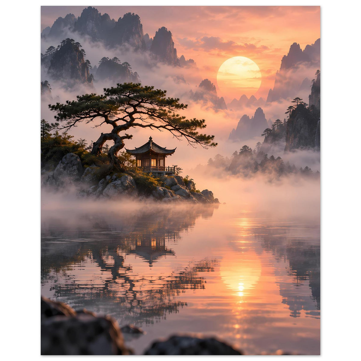 Hochformatiges Landschafts-Poster mit Sonne, Pagode, großem Baum über nebligem See