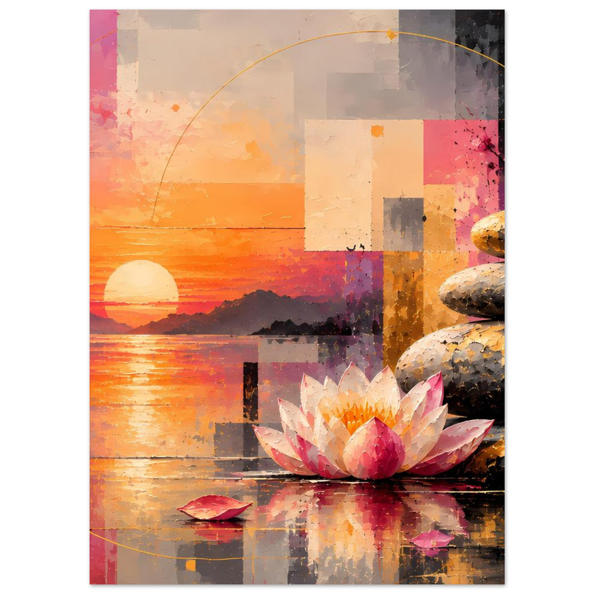 Vertikales Poster: Sonnenuntergang links, Lotusblüte unten mittig, Zen-Steine rechts