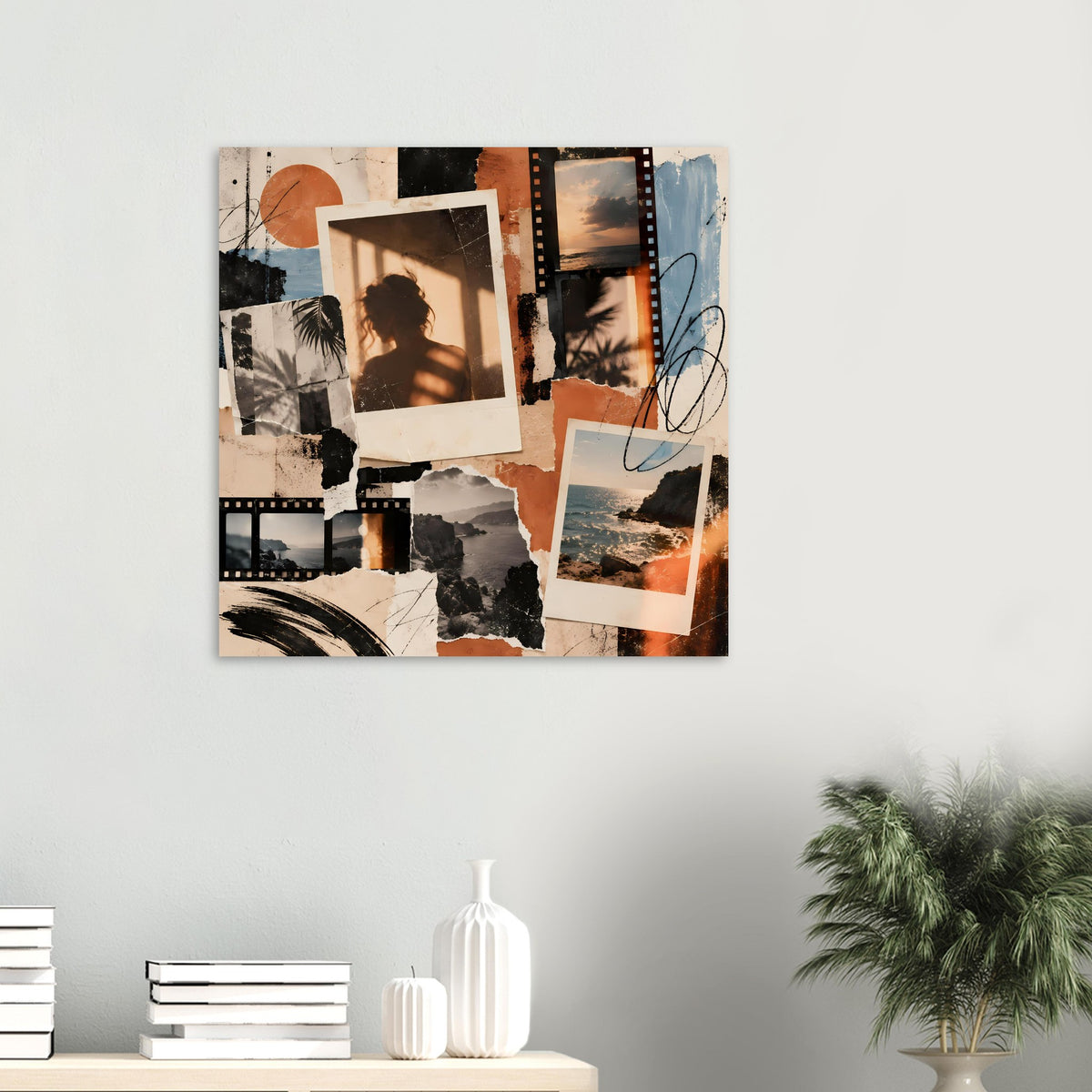 Vintage Collage-Poster im Querformat: Fotokacheln, Filmstreifen, Kritzel-Linien, orange/Blau