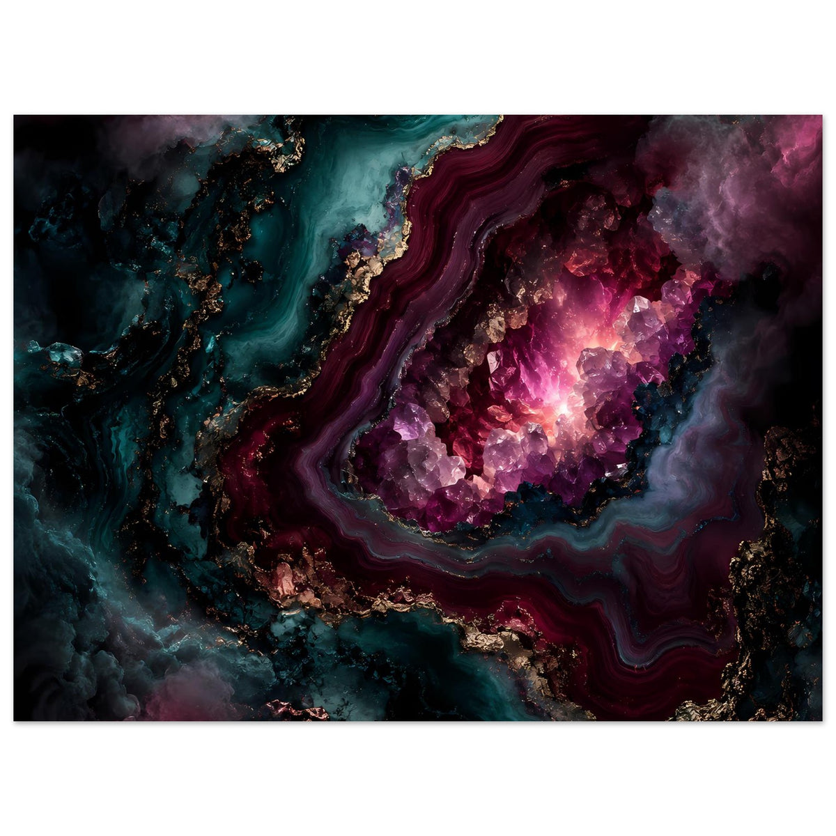 Kunstposter im Querformat mit Amethyst-Geodenmuster, kräftiges Lila, Türkis und Gold