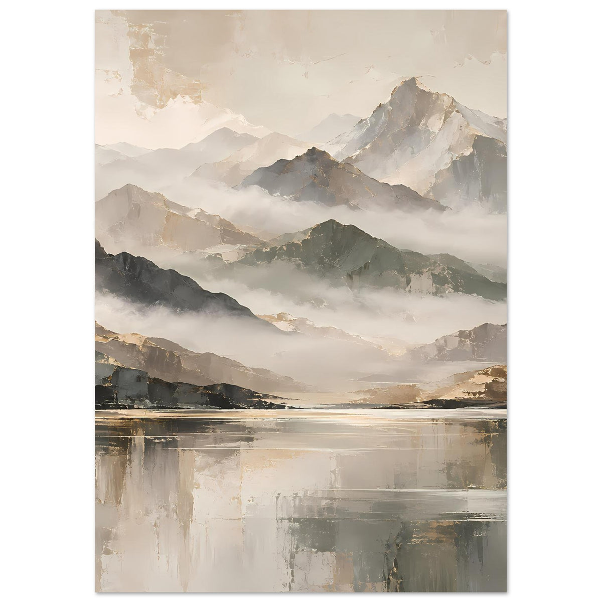 Naturposter im Hochformat: neblige Bergkette, ruhiges Wasser und beigegoldene Lichtreflexe