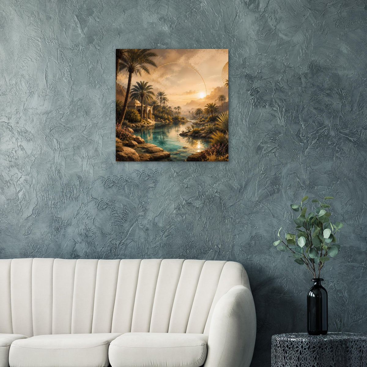 Gerahmtes Wandposter mit Palmen, Fluss und Sonnenuntergang in türkisfarbenen Farbtönen