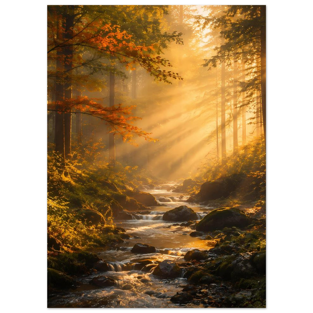 Wandposter mit Bach durch herbstlichen Wald und warmem Sonnenhimmelslicht