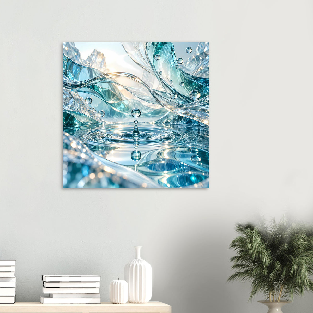 Kleines Wasserwelt-Poster mit türkisblauen Wellen, gläsernen Tropfen und Wasserwirbel