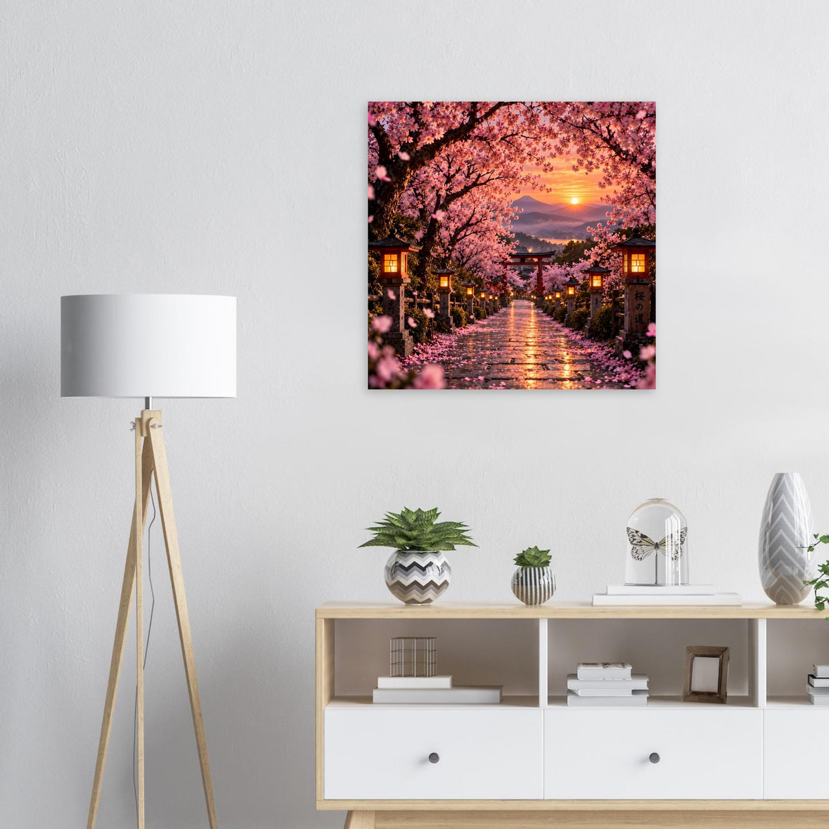 Wandposter im quadratischen Format mit Kirschblütenallee und Sonnenuntergangshimmel