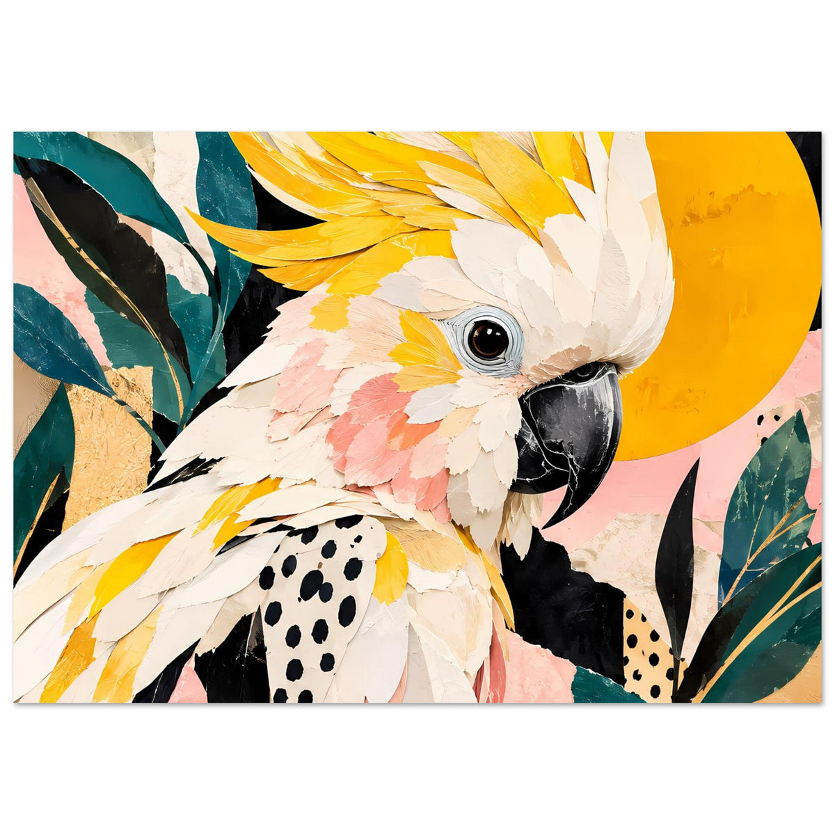 Vogelkunst-Poster Kakadu, weiße Federn mit rosa Blüten, gelb-petrolfarbene Blätter, gerahmt