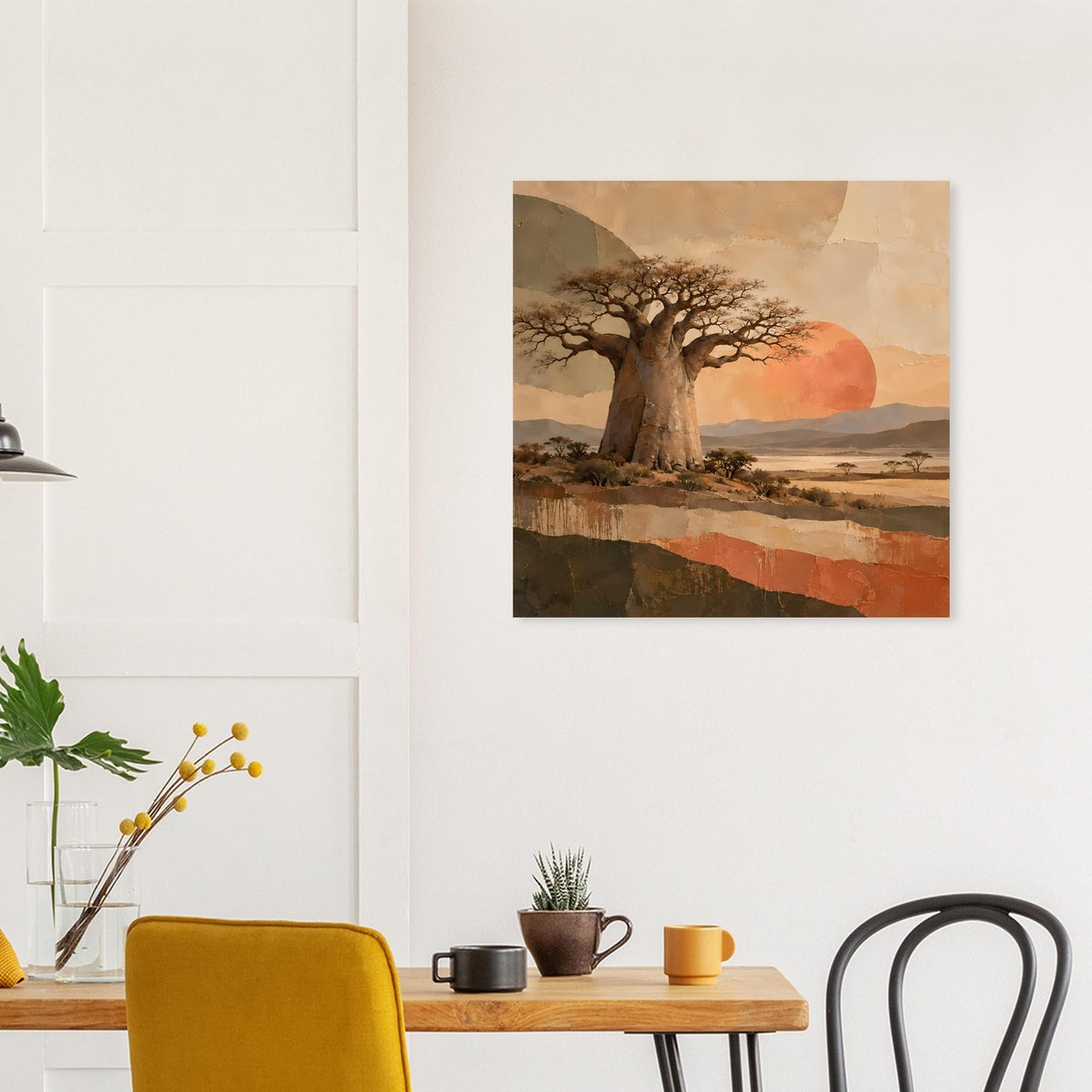 Naturposter mit Baobabbaum im warmen Abendlicht, roter Sonne und Wüstenhorizont